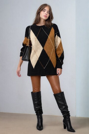 Kadın Uzun Kol Baklava Desen Bisiklet Yaka Tunik Boy Triko Büyük Beden Oversize Kazak Tunik