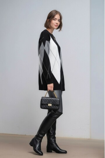 Kadın Uzun Kol Baklava Desen Bisiklet Yaka Tunik Boy Triko Büyük Beden Oversize Kazak Tunik