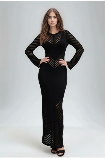 Kadın Uzun Kol Bisiklet Yaka Ajurlu Asimetrik Çan Etek İnce Pamuk Triko Tasarım Yırtmaçlı Elbise