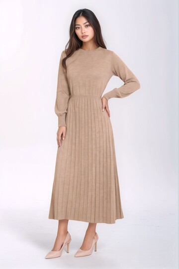 Kadın Uzun Kol Bisiklet Yaka Belden Asimetrik Etek Triko Spor Şık Elbise