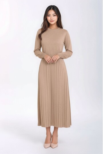 Kadın Uzun Kol Bisiklet Yaka Belden Asimetrik Etek Triko Spor Şık Elbise