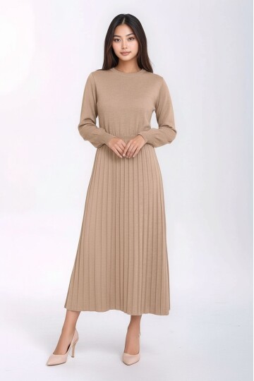 Kadın Uzun Kol Bisiklet Yaka Belden Asimetrik Etek Triko Spor Şık Elbise