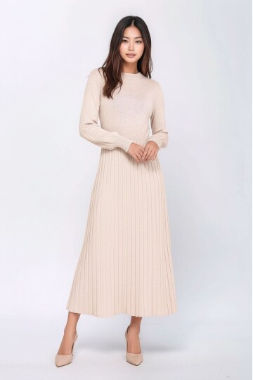 Kadın Uzun Kol Bisiklet Yaka Belden Asimetrik Etek Triko Spor Şık Elbise