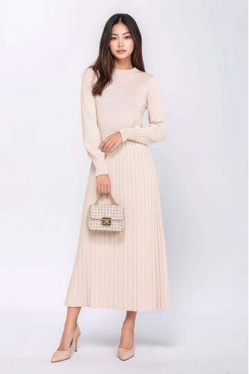 Kadın Uzun Kol Bisiklet Yaka Belden Asimetrik Etek Triko Spor Şık Elbise