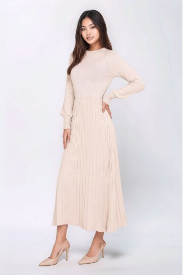 Kadın Uzun Kol Bisiklet Yaka Belden Asimetrik Etek Triko Spor Şık Elbise