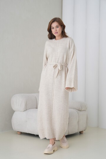 Kadın Uzun Kol Bisiklet Yaka Tesettüre Uygun Dokulu Kuşaklı Triko Spor Şık Maxi Boy Uzun Elbise