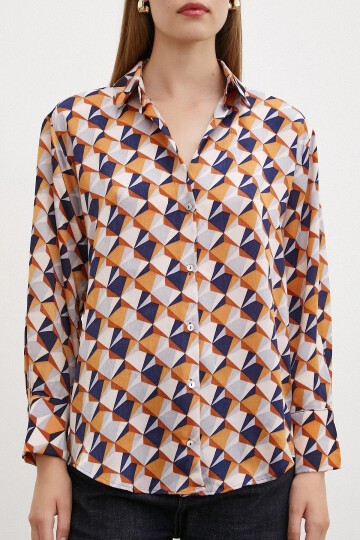 Kadın Uzun Kol Desenli Renkli Pamuk Saten Premium Kalite Spor Şık Gömlek