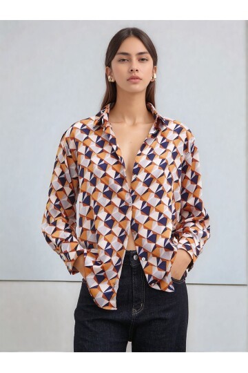 Kadın Uzun Kol Desenli Renkli Pamuk Saten Premium Kalite Spor Şık Gömlek
