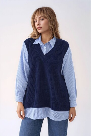 Kadın Uzun Kol Gömlek Yaka İçi Gömlekli Triko Yelekli Spor Şık Gömlek Kazak