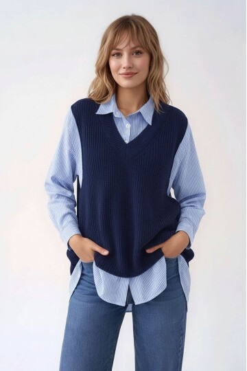 Kadın Uzun Kol Gömlek Yaka İçi Gömlekli Triko Yelekli Spor Şık Gömlek Kazak