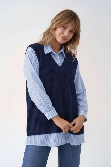 Kadın Uzun Kol Gömlek Yaka İçi Gömlekli Triko Yelekli Spor Şık Gömlek Kazak