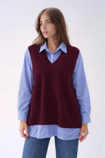 Kadın Uzun Kol Gömlek Yaka İçi Gömlekli Triko Yelekli Spor Şık Gömlek Kazak