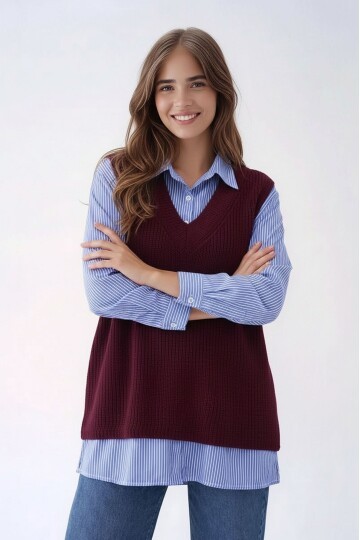 Kadın Uzun Kol Gömlek Yaka İçi Gömlekli Triko Yelekli Spor Şık Gömlek Kazak