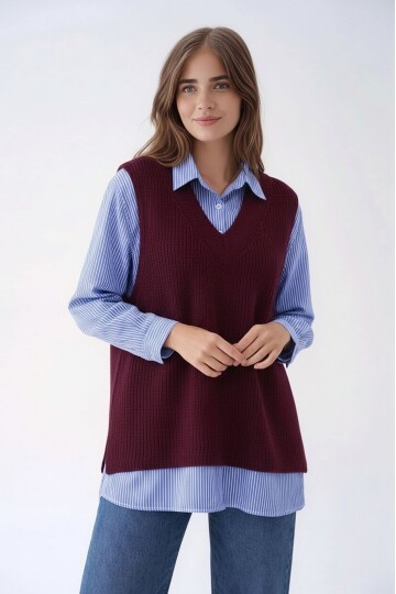 Kadın Uzun Kol Gömlek Yaka İçi Gömlekli Triko Yelekli Spor Şık Gömlek Kazak