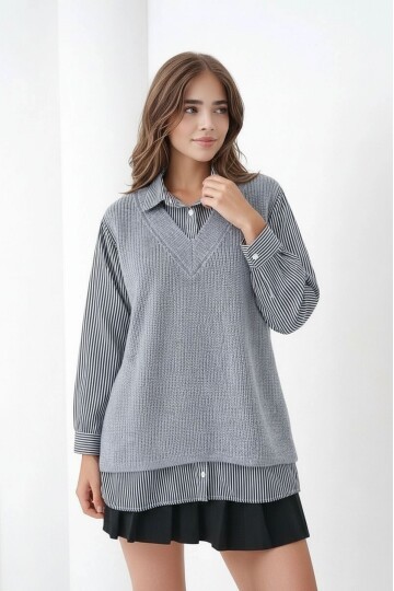 Kadın Uzun Kol Gömlek Yaka İçi Gömlekli Triko Yelekli Spor Şık Gömlek Kazak