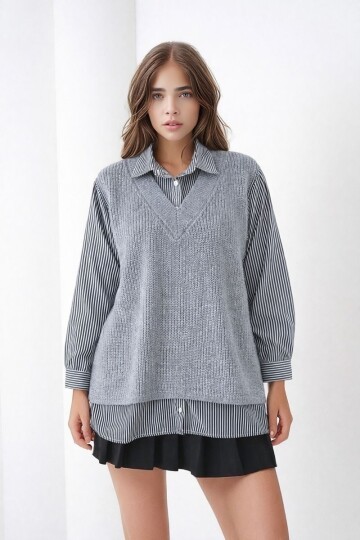 Kadın Uzun Kol Gömlek Yaka İçi Gömlekli Triko Yelekli Spor Şık Gömlek Kazak