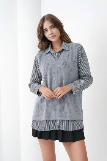 Kadın Uzun Kol Gömlek Yaka İçi Gömlekli Triko Yelekli Spor Şık Gömlek Kazak