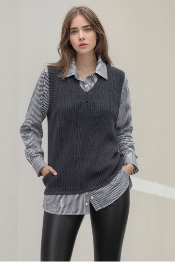 Kadın Uzun Kol Gömlek Yaka İçi Gömlekli Triko Yelekli Spor Şık Gömlek Kazak