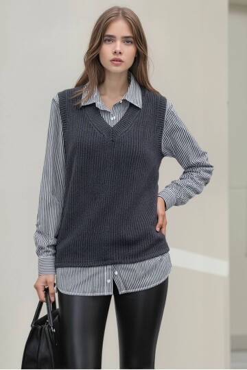 Kadın Uzun Kol Gömlek Yaka İçi Gömlekli Triko Yelekli Spor Şık Gömlek Kazak