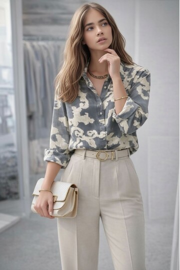Kadın Uzun Kol Parlak Saten Desenli Spor Şık Rahat Kalıp Saten Gömlek