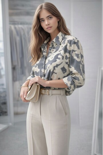 Kadın Uzun Kol Parlak Saten Desenli Spor Şık Rahat Kalıp Saten Gömlek