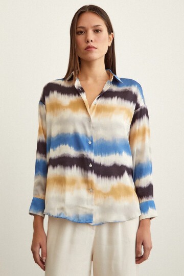 Kadın Uzun Kol Sulu Boya Desenli Renkli Pamuk Saten Premium Kalite Spor Şık Gömlek