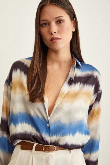 Kadın Uzun Kol Sulu Boya Desenli Renkli Pamuk Saten Premium Kalite Spor Şık Gömlek