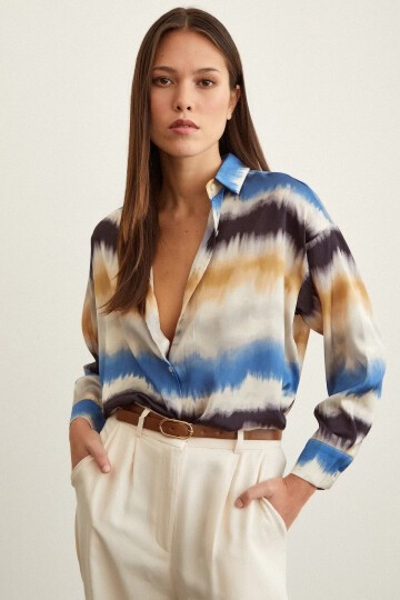Kadın Uzun Kol Sulu Boya Desenli Renkli Pamuk Saten Premium Kalite Spor Şık Gömlek