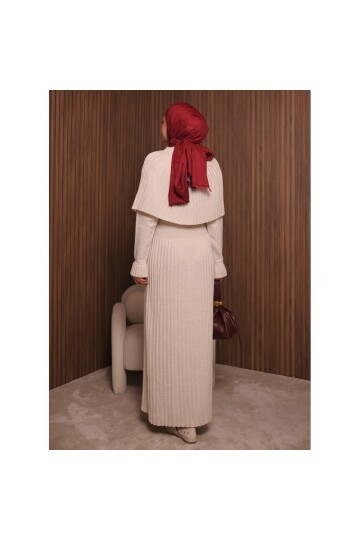 Kadın Uzun Kol Tasarım Şal Yaka Tesettüre Uygun Panço Düğme Detay Triko Şık Maxi Boy Uzun Elbise