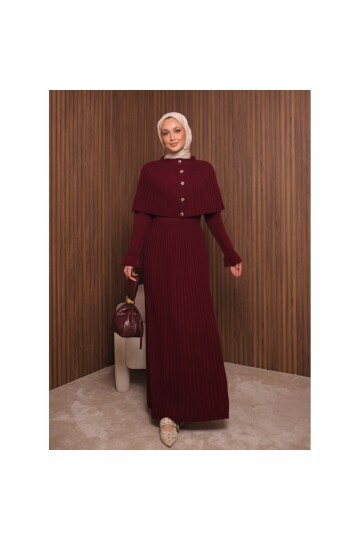 Kadın Uzun Kol Tasarım Şal Yaka Tesettüre Uygun Panço Düğme Detay Triko Şık Maxi Boy Uzun Elbise
