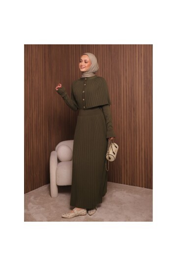 Kadın Uzun Kol Tasarım Şal Yaka Tesettüre Uygun Panço Düğme Detay Triko Şık Maxi Boy Uzun Elbise