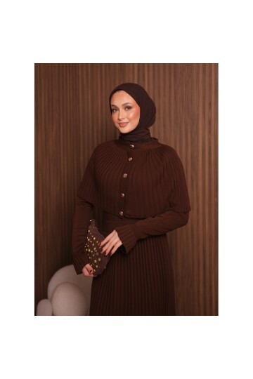 Kadın Uzun Kol Tasarım Şal Yaka Tesettüre Uygun Panço Düğme Detay Triko Şık Maxi Boy Uzun Elbise