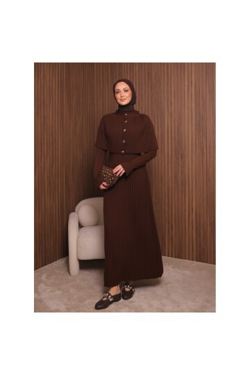 Kadın Uzun Kol Tasarım Şal Yaka Tesettüre Uygun Panço Düğme Detay Triko Şık Maxi Boy Uzun Elbise