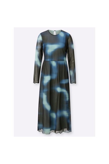 Kadın Uzun Kol Maxi Uzun Boy Şık Esnek Büyük Kalıp Bisiklet Yaka Batik Desen Elbise