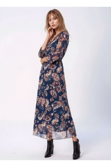 Kadın V Yaka  Astarlı Uzun Truvakar Kol Çiçekli Tül Şık Maxi Boy Elbise
