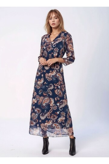 Kadın V Yaka  Astarlı Uzun Truvakar Kol Çiçekli Tül Şık Maxi Boy Elbise