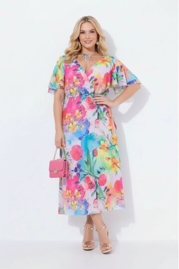 Kadın V Yaka Belden Oturmalı Çiçekli Şık Abiye Curve Büyük Beden Gece Elbise