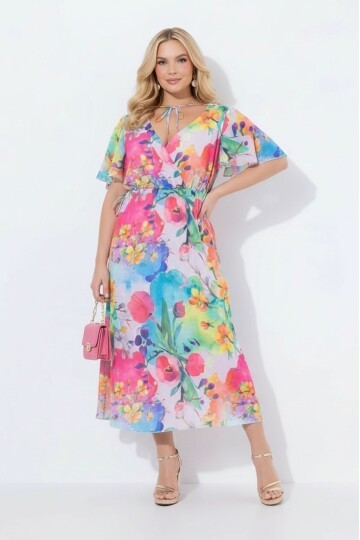 Kadın V Yaka Belden Oturmalı Çiçekli Şık Abiye Curve Büyük Beden Gece Elbise