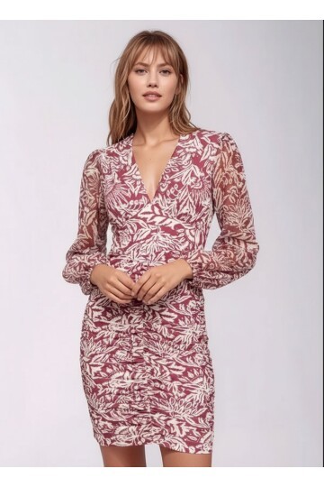 Kadın V Yaka Bordo Krem Desenli Kolu Şifon Eteği Büzgülü Mini Boy Şık Abiye Elbise