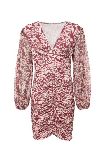 Kadın V Yaka Bordo Krem Desenli Kolu Şifon Eteği Büzgülü Mini Boy Şık Abiye Elbise