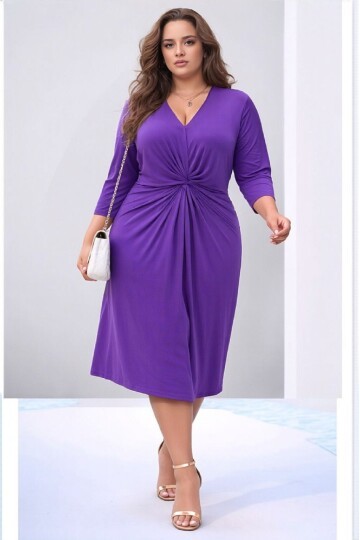 Kadın V Yaka Büyük Beden Önden Düğümlü  Asimetrik Kesim Truvakar Kol Şık Curve Abiye Elbise