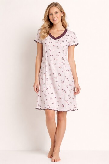 Kadın V Yaka Dantel Detay Yarım Kol Çiçek Desenli Yazlık Pamuk Yumuşak Curve Gecelik