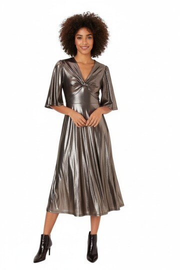 Kadın V Yaka Detay Asimetrik Kol Ve Etek Şık Parlak Curve Abiye Gece Elbisesi