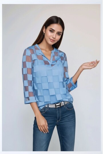 Kadın V Yaka Kare Desenli Şifon Truvakar Kol Astarlı Tasarım Şık Büyük Beden Curve Bluz