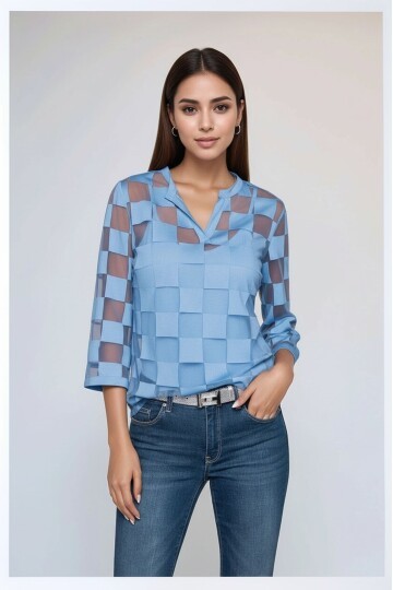 Kadın V Yaka Kare Desenli Şifon Truvakar Kol Astarlı Tasarım Şık Büyük Beden Curve Bluz