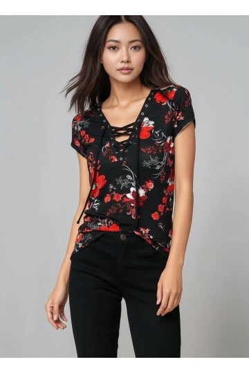 Kadın  V Yaka Kuş Gözü Bağcıklı Tasarım Yarım Kol Spor Şık Curve Viskon Bluz