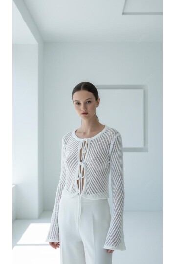 Kadın Bisiklet Yaka Önden Bağcıklı İspanyol Uzun Kol Spor Şık Ajurlu Tasarım Kısa Ceket