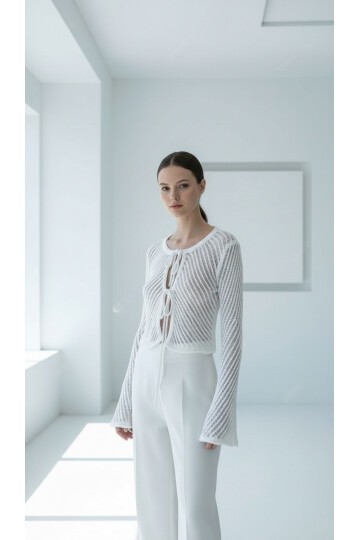 Kadın Bisiklet Yaka Önden Bağcıklı İspanyol Uzun Kol Spor Şık Ajurlu Tasarım Kısa Ceket