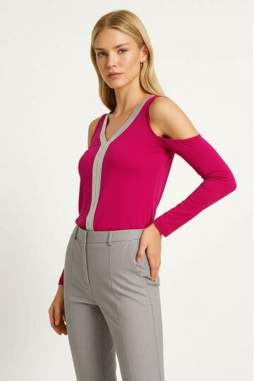 Kadın V Yaka Önden Parıltılı Şeritli Omzu Açık uzun Kol Viskon Spor Şık Büyük Beden Curve Bluz