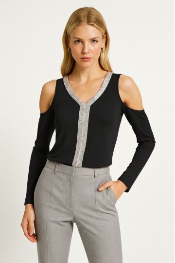 Kadın V Yaka Önden Parıltılı Şeritli Omzu Açık uzun Kol Viskon Spor Şık Büyük Beden Curve Bluz